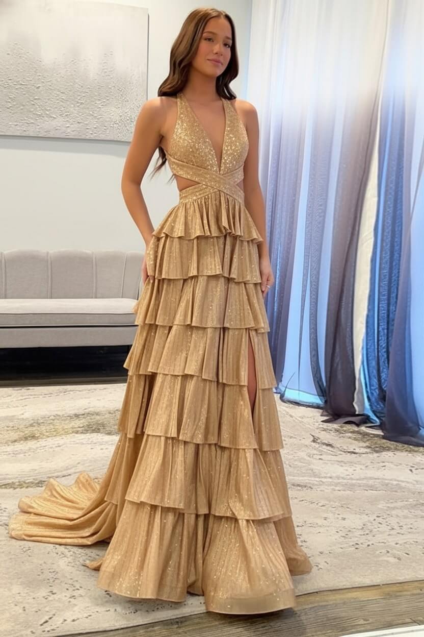 Suzhoufashion Emerald Green Prom Dress Tiered A-Line Halter Long Formal Dress With Slit Suzhoufashion Emerald Green Prom Dress Tiered A-Line Halter Long Formal Dress With Slit