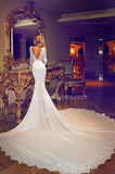 Chapel Train V-Neck Mermaid Wedding Dress Long Sleeve Applique Open Back Bridal Gowns