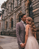 Charming A-Line V-neck Lace Wedding Dresses with Split