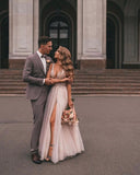 Charming A-Line V-neck Lace Wedding Dresses with Split
