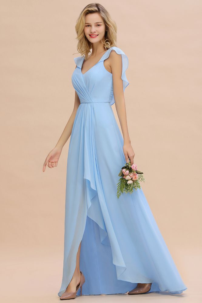Charming Cap Sleeves Ruffle Chiffon Hi-Lo Bridesmaid Dress Elegant Wedding Party Dress