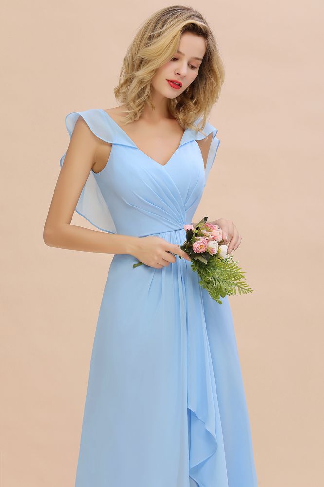 Charming Cap Sleeves Ruffle Chiffon Hi-Lo Bridesmaid Dress Elegant Wedding Party Dress