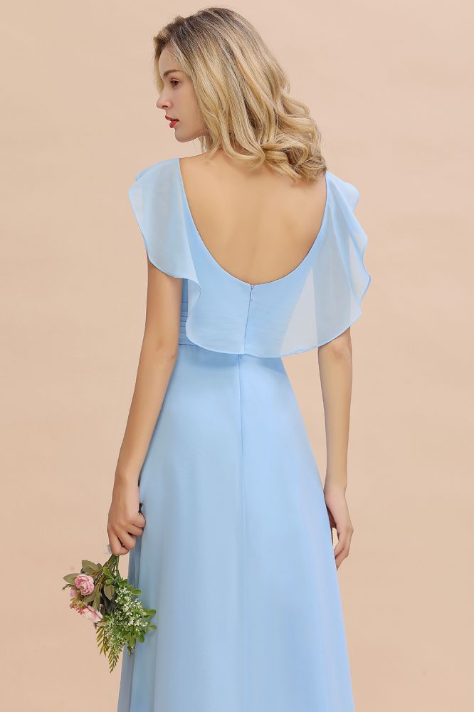 Charming Cap Sleeves Ruffle Chiffon Hi-Lo Bridesmaid Dress Elegant Wedding Party Dress
