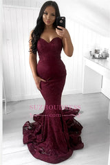 Charming Dark Burgundy Sleeveless Mermaid Prom Dresses | Sweetheart Appliques Sweep Train Evening Gown BC0869