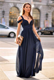 Encantador vestido de noche de gasa azul marino oscuro correas con cuello en V vestido Formal BA3478