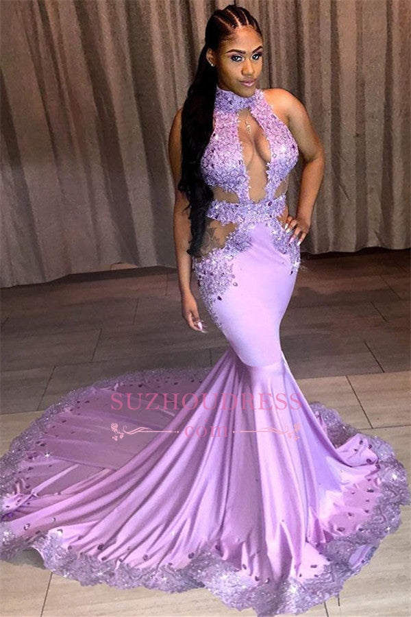 Charming High Neck Sweep Train Mermaid Prom Dresses | Sleeveless Appliques Fashion Evening Gown BC1316