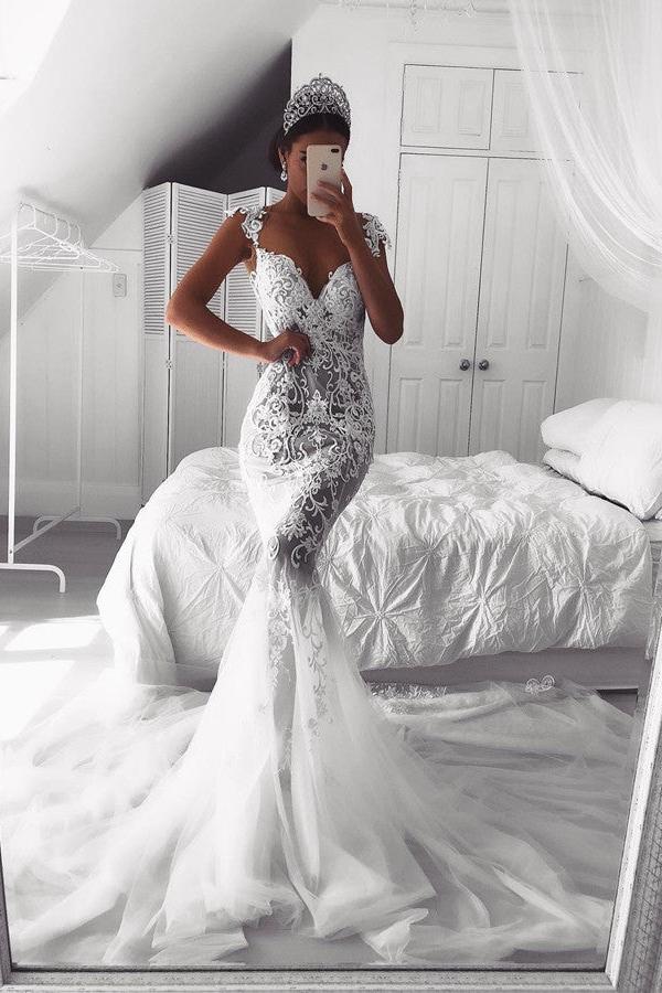 Charming Lace Mermaid Wedding Dress Long Zipper Button Back Bridal Gowns