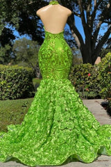 Charming Long Green Sequined Halter Flower Mermaid Satin Prom Dresses