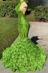 Charming Long Green Sequined Halter Flower Mermaid Satin Prom Dresses