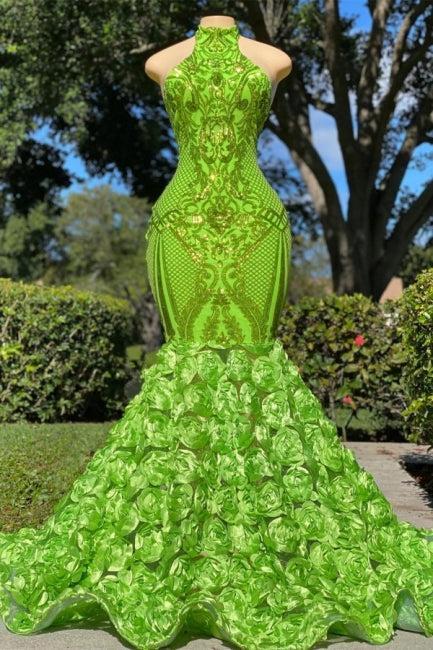 Charming Long Green Sequined Halter Flower Mermaid Satin Prom Dresses