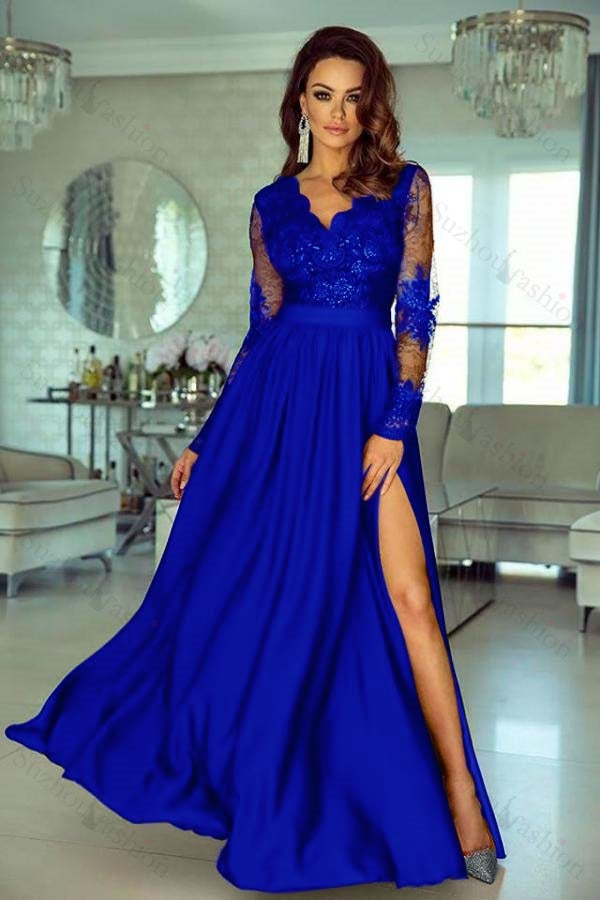 Charming Long Sleeves V Neck Lace Ruffles Prom Dresses