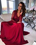Charming Long Sleeves V Neck Lace Ruffles Prom Dresses
