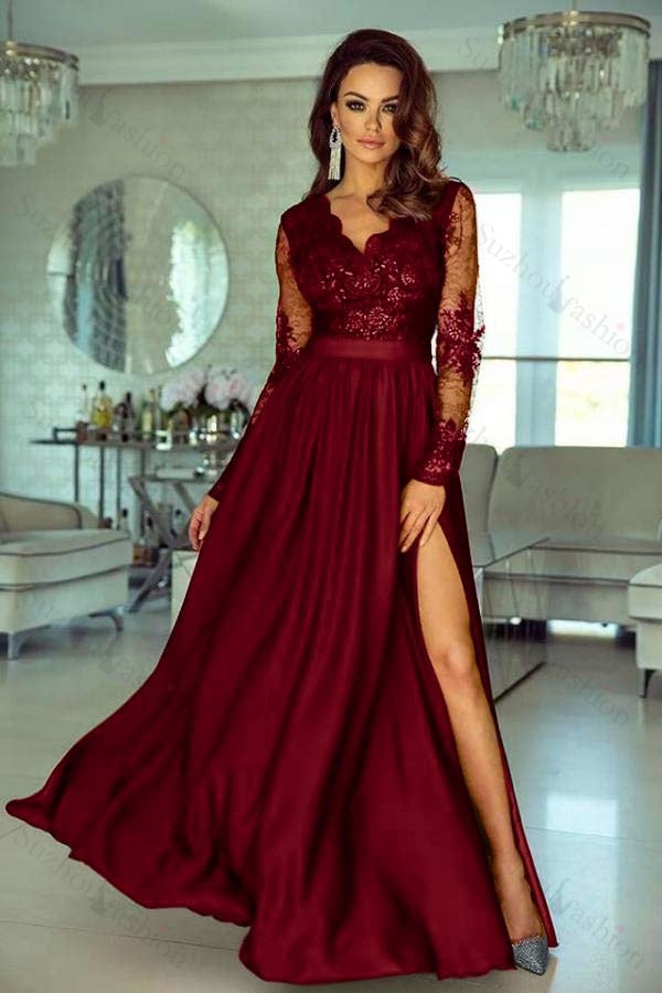 Charming Long Sleeves V Neck Lace Ruffles Prom Dresses