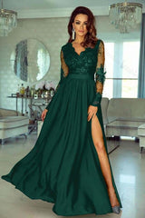 Charming Long Sleeves V Neck Lace Ruffles Prom Dresses