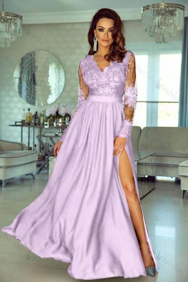 Charming Long Sleeves V Neck Lace Ruffles Prom Dresses