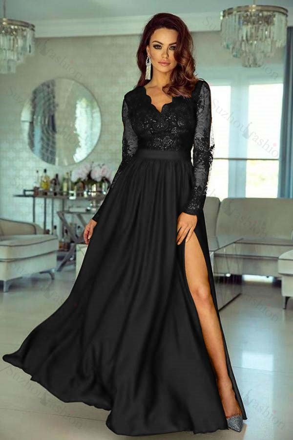 Charming Long Sleeves V Neck Lace Ruffles Prom Dresses