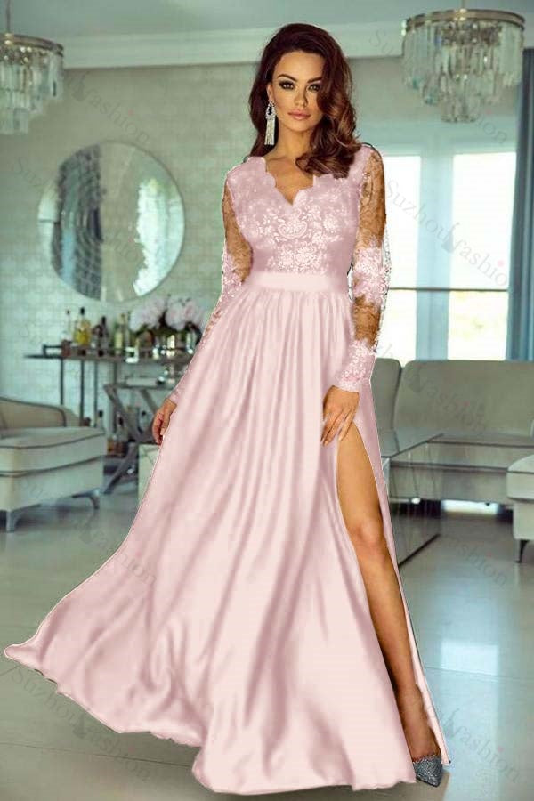 Charming Long Sleeves V Neck Lace Ruffles Prom Dresses