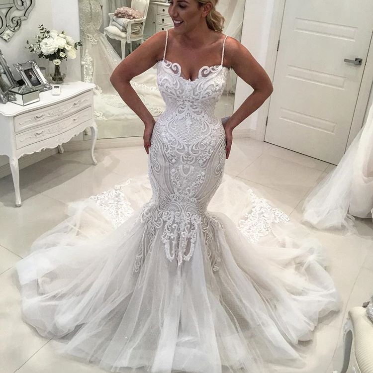 Charming Mermaid Lace Wedding Dresses Spaghetti-Straps Long Tulle Bridal Gowns On Sale | Suzhoufashion Charming Mermaid Lace Wedding Dresses Spaghetti-Straps Long Tulle Bridal Gowns On Sale | Suzhoufashion