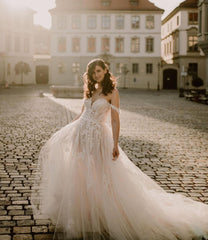 Charming Off The Shoulder Tulle Nude Pink Appliques Wedding Dresses