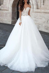 Charming Off The Shoulder White Tulle Backless Wedding Dresses With Lace Appliques