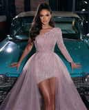 Charming One-Shoulder Long Sleeve Pink Prom Dresses with lace