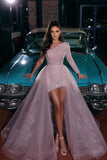 Charming One-Shoulder Long Sleeve Pink Prom Dresses with lace
