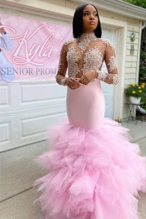 Charming Pink Halter Long Sleeve Lace Mermaid Floor-length Prom Dresses
