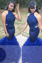 Charming Prom Dresses Beads Ruffles | Halter Sleeveless Royal-Blue Lace Evening Dresses