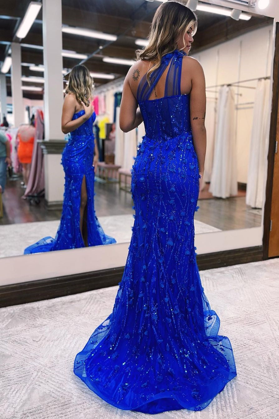 Charming Royal Blue Mermaid Lace Evening Dress With Split One Shoulder