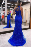 Charming Royal Blue Mermaid Lace Evening Dress With Split One Shoulder