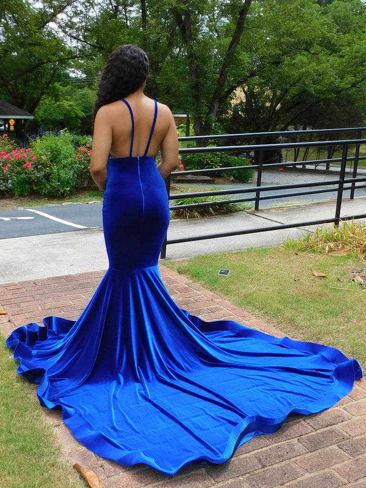 Charming Royal Blue Spaghetti Straps V-neck Lace Mermaid Prom Dresses