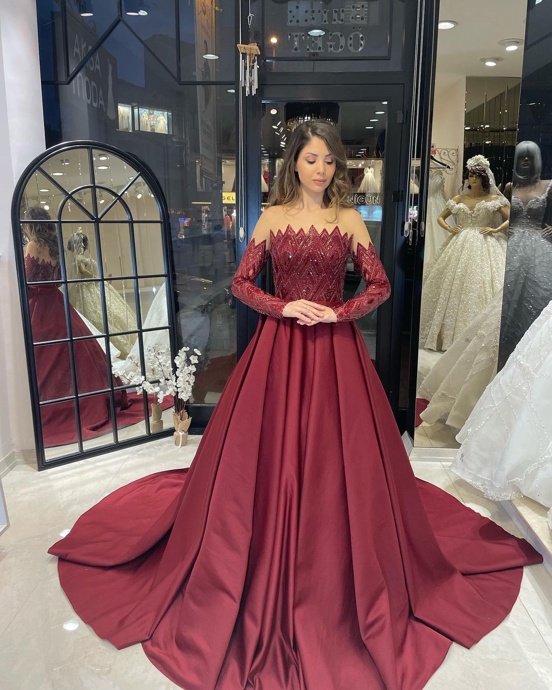 Charming Strapless Long Sleeves Satin Bridal Dress with Ruffles