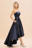 Charming Strapless Satin Navy Hi-Lo Eveing Party Gowns Party Dress