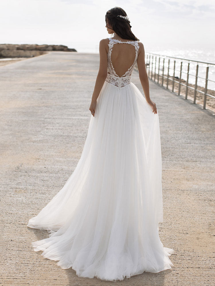 Charming V Neck A-Line Chiffon Tulle Lace Split Beach Wedding Dresses