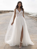 Charming V Neck A-Line Chiffon Tulle Lace Split Wedding Dresses