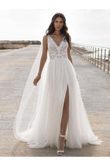 Charming V Neck A-Line Chiffon Tulle Lace Split Wedding Dresses