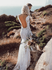 Charming White Tulle Deep V Neck Lace Mermaid Beach Wedding Dresses