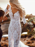 Charming White Tulle Deep V Neck Lace Mermaid Wedding Dresses