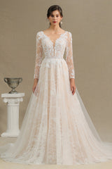 Chic A-line Tulle Lace Wedding Dress | Long Sleeves Ivory Bridal Gowns