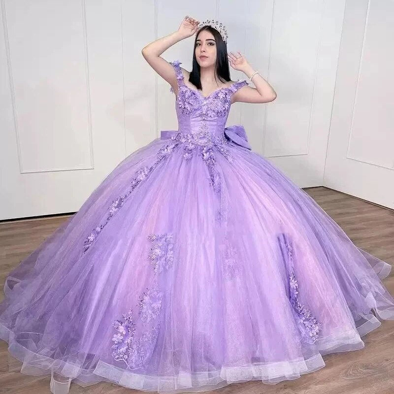 Chic Ball Gown Off Shoulder Beaded 3D Flower Appliques Bow Knot Lilac Tulle Quinceanera Dress For Sweet 16