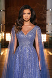 Chic Blue Long V-neck Beading Evening Dress With Ruffles Online