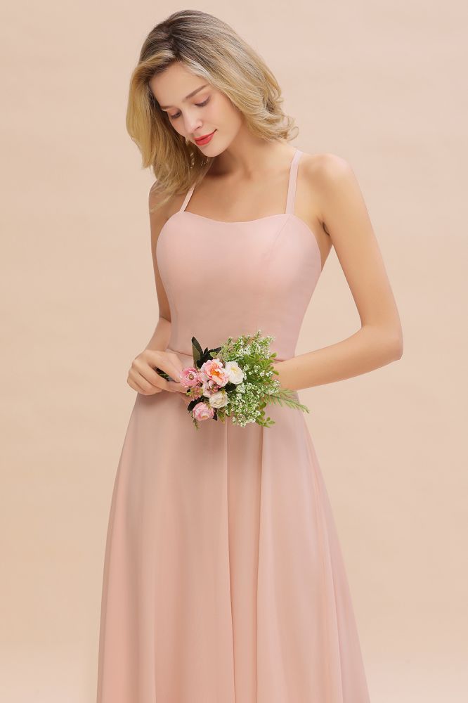 Chic Chiffon Straps Sleeveless Long Elegant Ruffles Bridesmaid Dress
