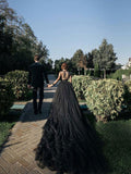 Chic Chiffon Sweetheart Long Sleeves Lace Black Split Wedding Dresses Long