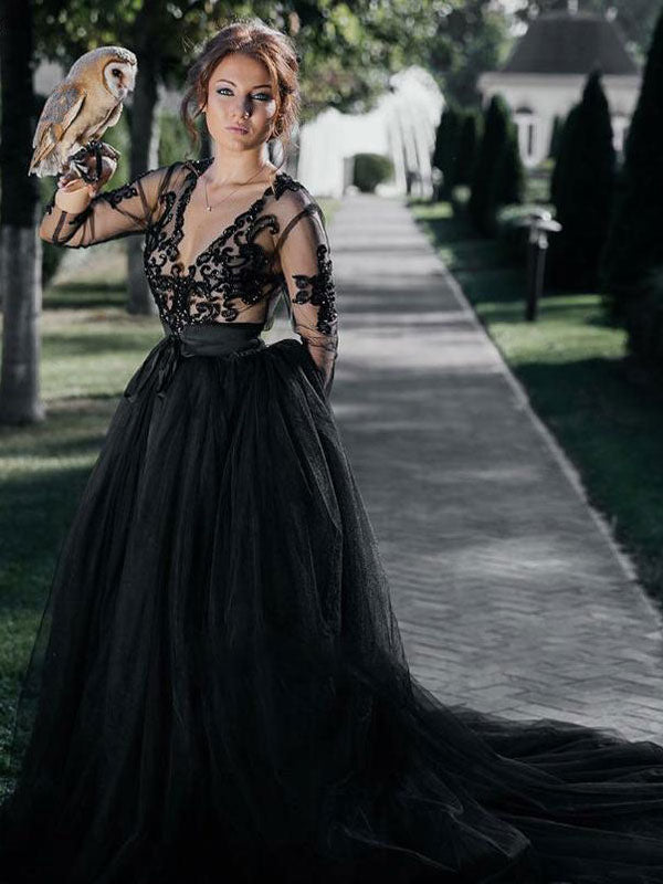 black dress for wedding with sleeves Long Gothic Off Shoulder V-neck Tiered Skirt US16 / Same as Picture The length is always made to your own height even if you choose a standard size Black Wedding Dresses with Sleeves,