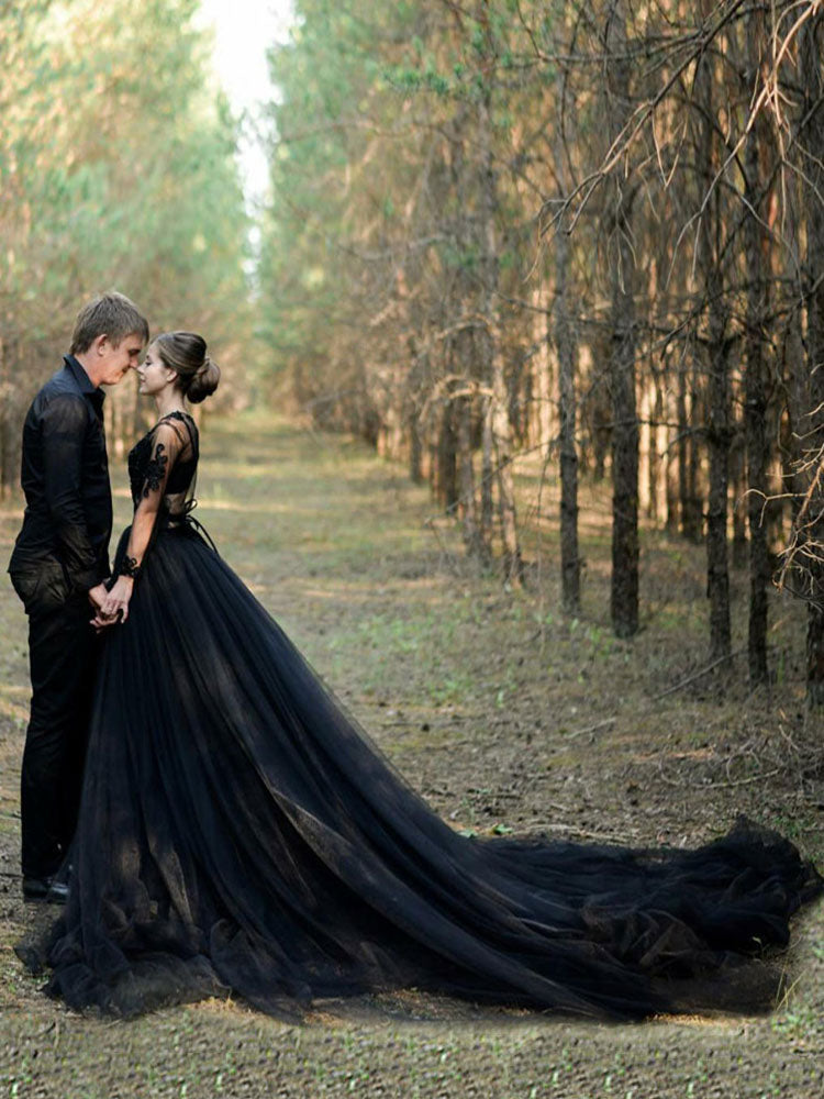 Chic Chiffon Sweetheart Long Sleeves Lace Black Split Wedding Dresses Long