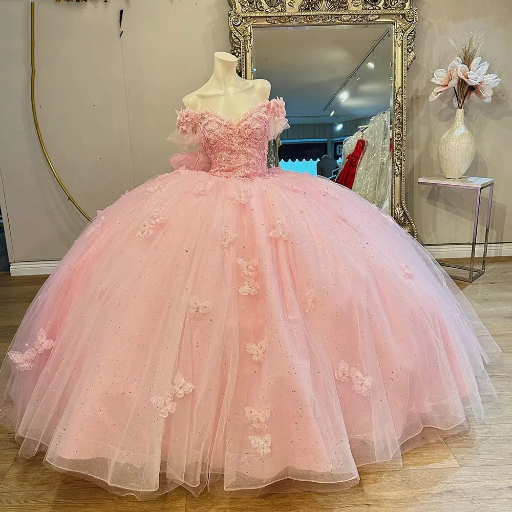Chic & Cute Ball Gown Off Shoulder 3D Butterfly Lace Appliques Bow Kno –  suzhoufashion