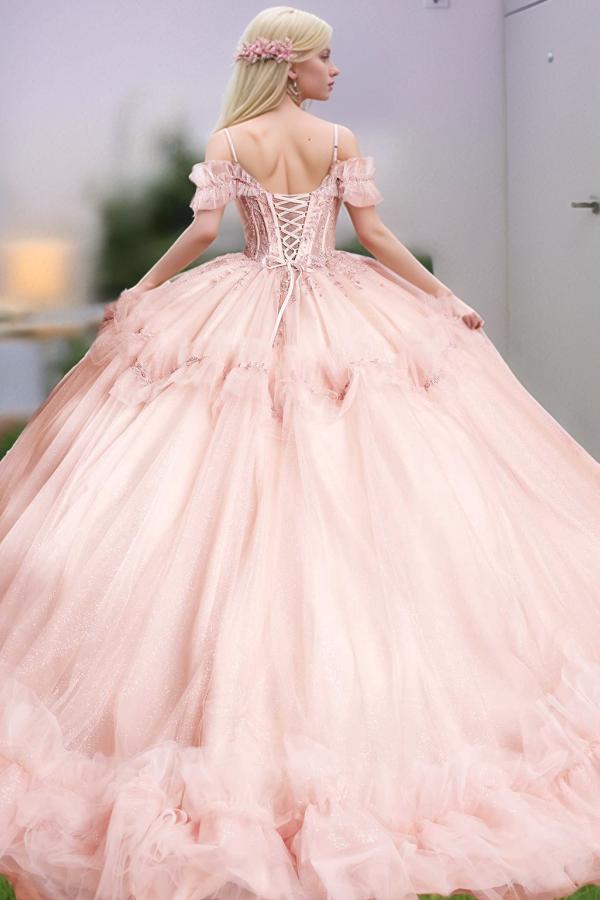 Chic & Cute Ball Gown Off Shoulder Spaghetti Straps Appliques Sequins Beaded Tiered Baby Pink Tulle Quinceanera Dress Birthday Party Dress For Sweet 16