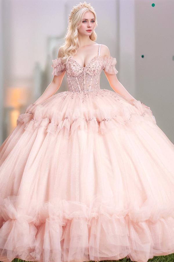Chic & Cute Ball Gown Off Shoulder Spaghetti Straps Appliques Sequins Beaded Tiered Baby Pink Tulle Quinceanera Dress Birthday Party Dress For Sweet 16