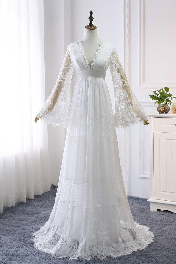 Chic Empire Lace Tulle Beach Wedding Dress | Long Sleeves V-Neck Appliques Bridal Gowns