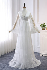 Chic Empire Lace Tulle Beach Wedding Dress | Long Sleeves V-Neck Appliques Bridal Gowns